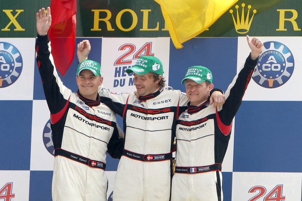 Casper Elgaard, Kristian Poulsen, Emmanuel Collard on the podium for LMP2 class at the 24 Hours of Le Mans