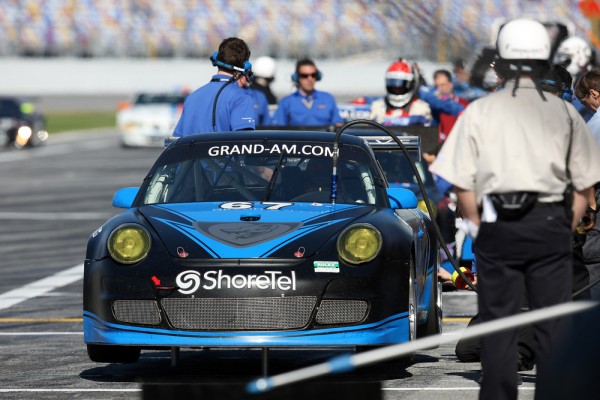 The TRG-Flying Lizard Porsche in the pits at Daytona