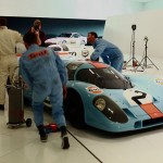 Rolling a Porsche 917 into place for photo shoot at the museum