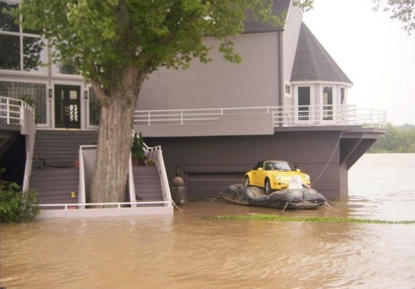 Porsche on a float in ohio during flooding