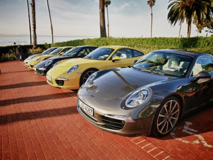 Porsche 911s lined up at media launch in Santa Barbara