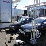 aftermath of truck crashing into Porsche dealer in New Zealand