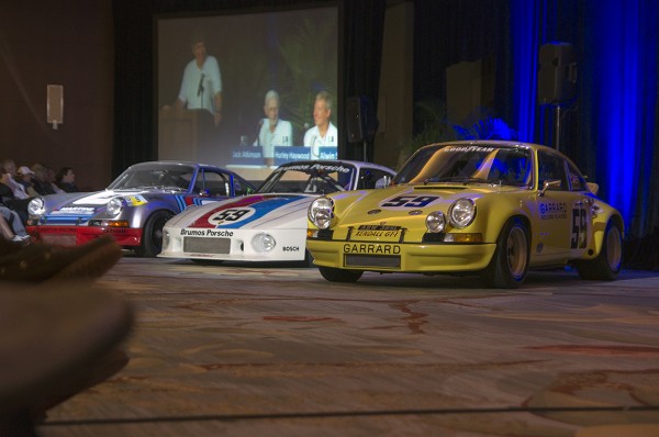 These 3 historic Porsches were to the left of the speaker podium. Photo Credit: Dave Engelman