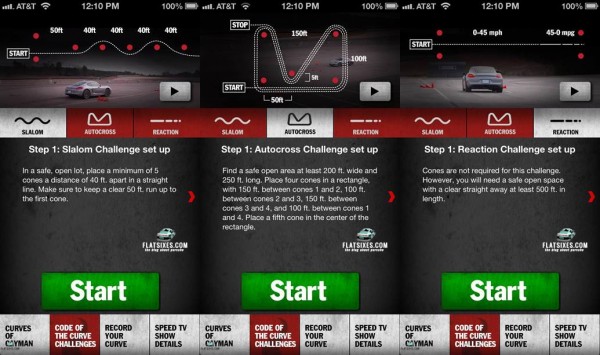 Screen shots from the new Porsche Cayman Code of the Curve App