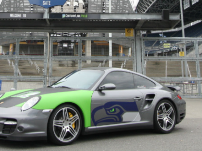 Porsche wrapped in Seattle Seahawks' colors