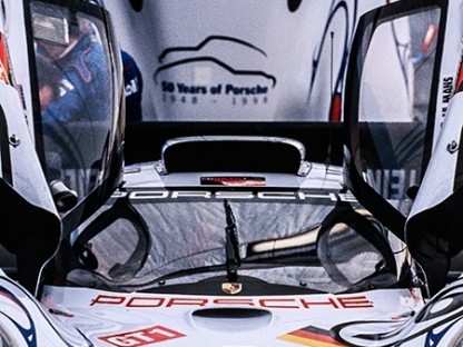 The infamous flying Porsche seen before the start of Petit Le Mans in 1998