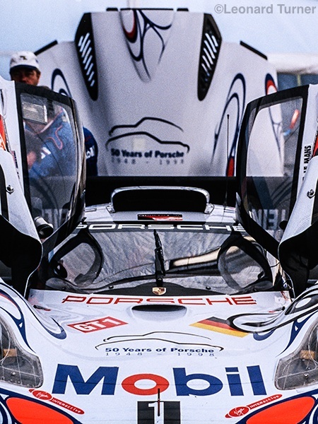 The infamous flying Porsche seen before the start of Petit Le Mans in 1998