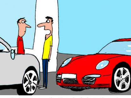 Porsche cartoon showing regular customer at dealer explaining they are there so often they decided to have their mail forwarded