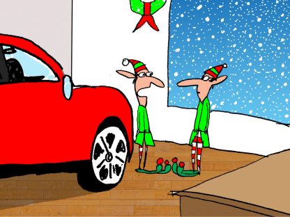 Santa's elfs building themselves a Porsche cartoon
