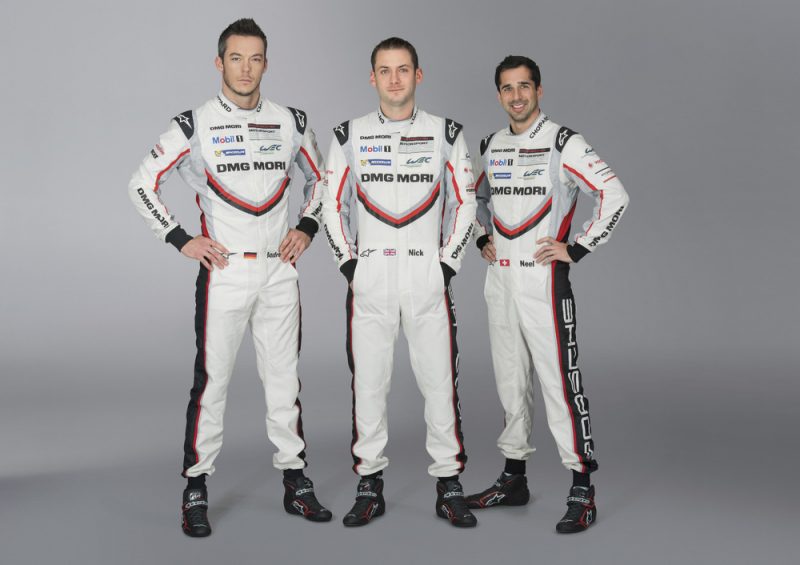 Porsche factory drivers André Lotterer, Nick Tandy and Neel Jani, standing together for a LMP driver line-up photo