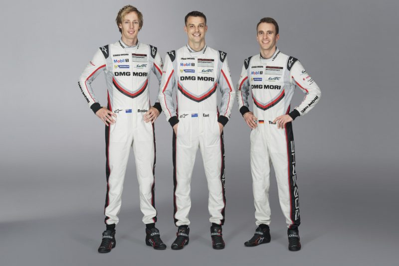 Porsche factory drivers Brendon Hartley, Earl Bamber and Timo Bernhard standing together for a LMP driver line-up photo
