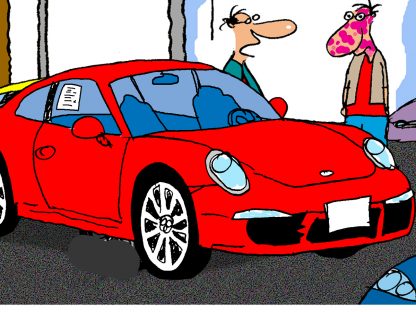 porsche cartoon showing guy at dealership buying car with rash